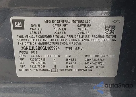 2016 Chevrolet Trax Lt from USA, damaged, VIN 3GNCJLSB8GL185994